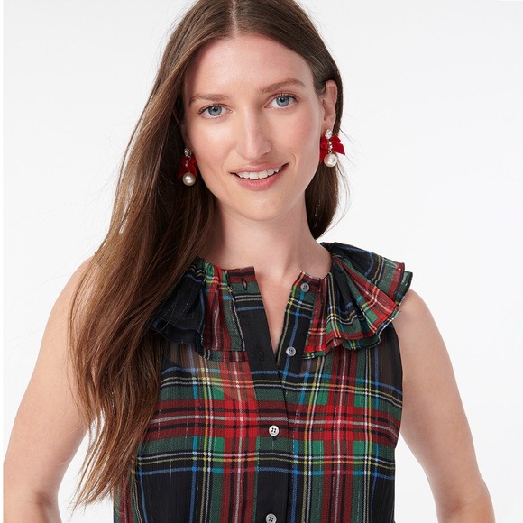 J.Crew Sleeveless Ruffle-Collar Top Black Tartan - Picture 3 of 4